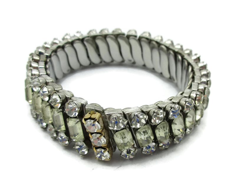 Silver Tone Clear Rhinestone Stretch Bracelet Expansion Vintage Costume Jewelry Gift Ideas Designer Simple Bridal