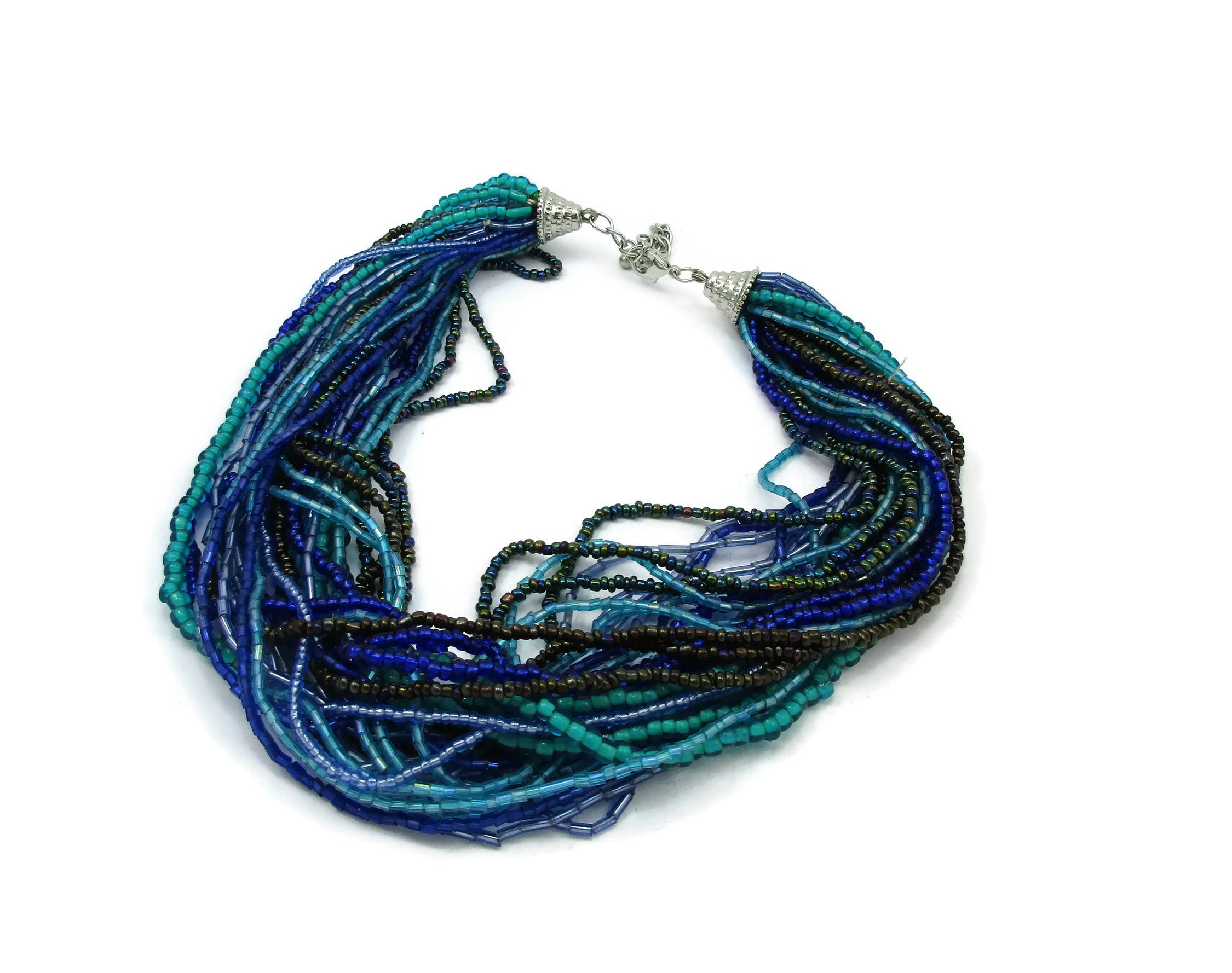 Multi Strand Seed Beads Teal Blue Glass Beads Necklace Choker 17 20 Inches  Adjustable Faux Pearl Bridal Prom Vintage Costume Jewelry