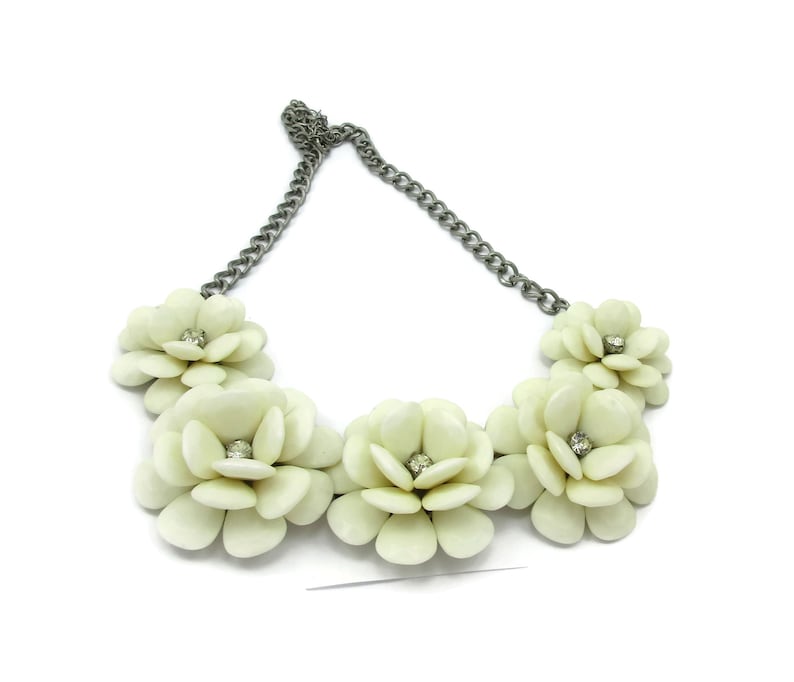 Rhinestone White Plastic Necklace Silver Tone 24 Inches Long Floral Flowers Statement Designer Vintage Costume Jewelry Design Gift