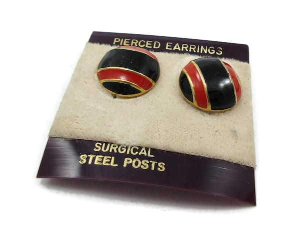Schwarz rot Emaille Gold Ton Post Ohrringe NOS modernistischen