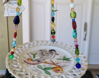 Beaded Birdfeeder, Vintage Reticulated Plate, Hand Painted Bird, Multicolored Beads, Porch decor, Backyard feeder