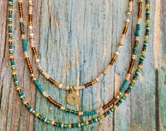 Miyuki Beaded Necklace: Turquoise, Gold, Green with Charm