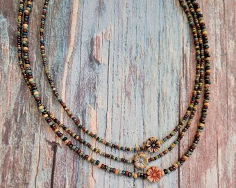 Seed Bead Necklace: Mediterranean Miyuki Beads, Hibiscus Charm