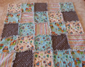 Boy or Girl Quilt Baby Rag Quilt Turquoise Brown Owl Wonderful Orange