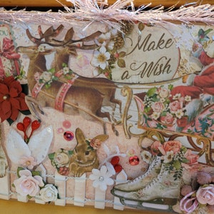 Tarjeta navideña rosa de Stamperia, Pide un deseo, Papá Noel, reno, conejo y gatito vintage. Valla de madera, flores, lentejuelas, troqueles de cartón, tamaño grande.