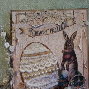 Easter Card with Tattered Vintage Linens Egg and Sweet Bunny, Neutral Color Tones, Shabby Chic image 3