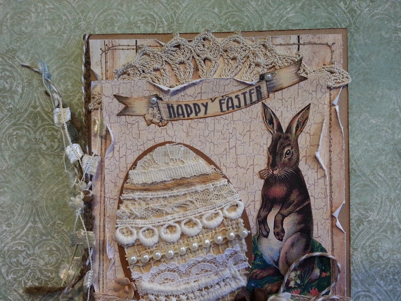 Easter Card with Tattered Vintage Linens Egg and Sweet Bunny, Neutral Color Tones, Shabby Chic image 3