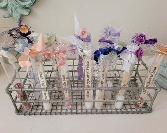 Vintage Test Tube Rack with Decorated Glass Tubes: Wedding Shower Decor