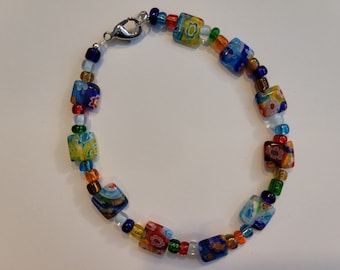 Millefiori Glass Beaded Bracelet or Anklet: Italian Flower Beads