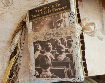 Handmade Teacher Junk Journal: Vintage Crochet Cover, Sepia Images