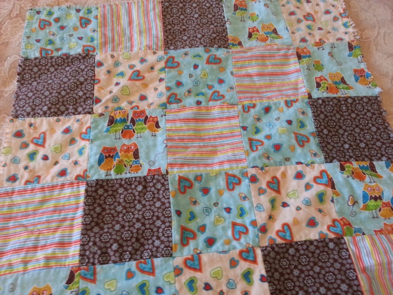 Boy or Girl Quilt Baby Rag Quilt Turquoise Brown Owl Wonderful Orange