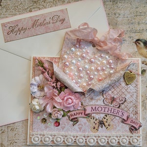 Carte de visite fantaisie fête des mères, étiquette coeur perle, carte de poche, bordure vintage, cadeau pour une mère
