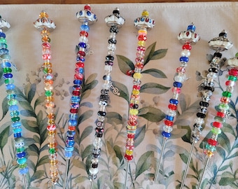 Beaded Garden Stake: Ceramic Topper, Silver Charm, Potted Plant Decor