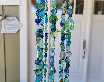 Beach Theme Beaded Suncatcher: Aqua, Blue & Green Glass Beads, Shells