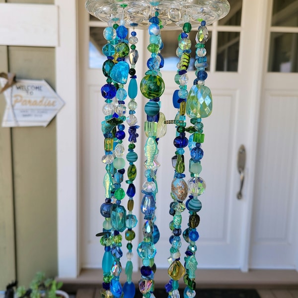 Beach Theme Beaded Suncatcher: Aqua, Blue & Green Glass Beads, Shells