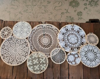 Vintage Doilies in Embroidery Hoops, Doily Wall Hanging, Cream, Beige Neutral Color Tones,  Boho Wedding Decor, Custom Options