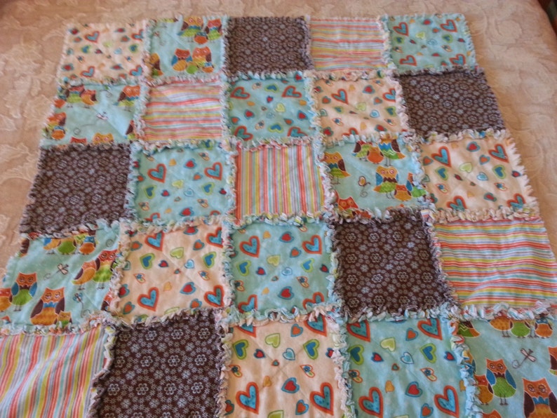 Boy or Girl Quilt Baby Rag Quilt Turquoise Brown Owl Wonderful Orange