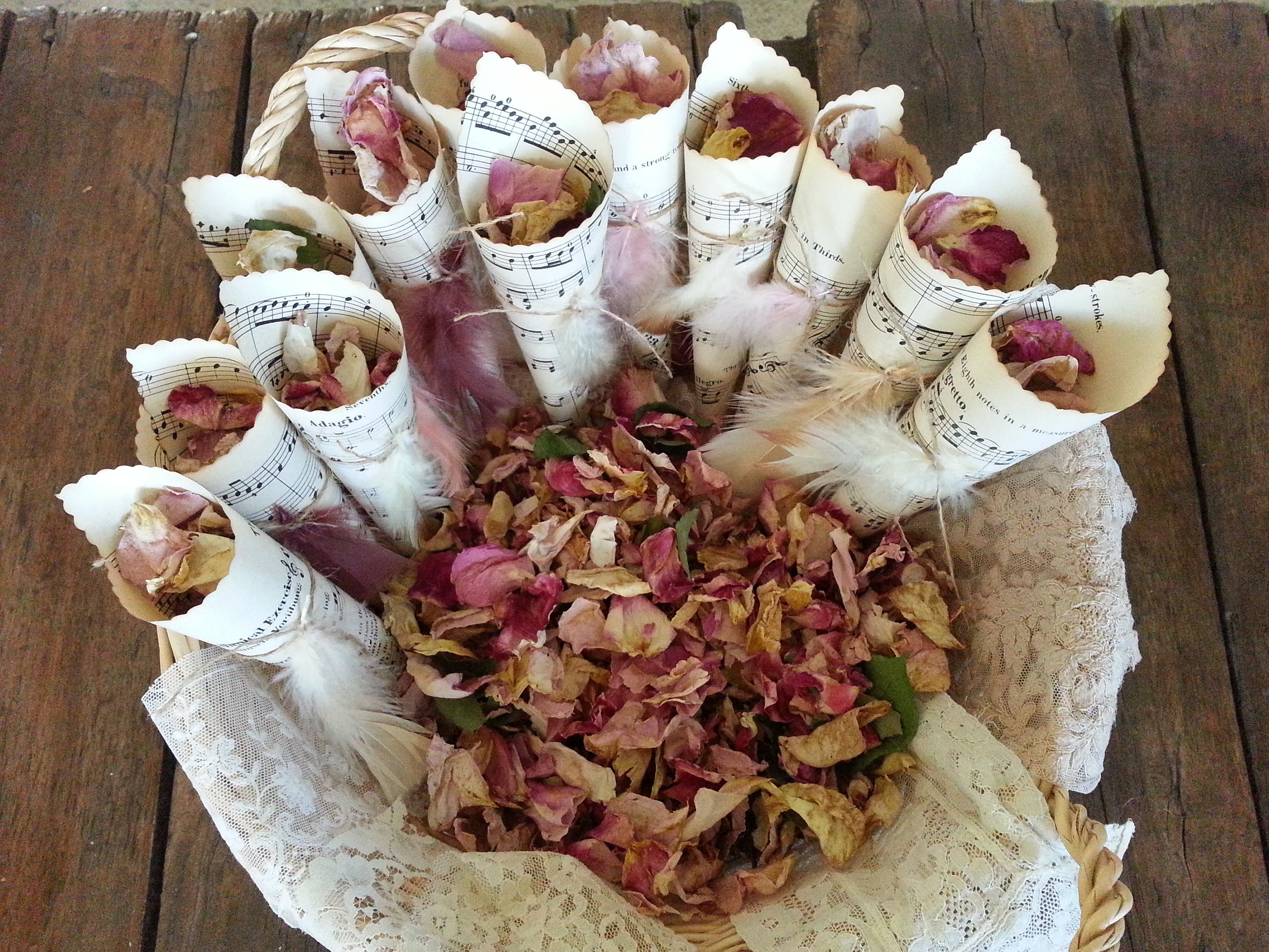 Vintage Music Notes Confetti Cones Wedding Toss Cones with Feathers Boho Wedding Toss Cones