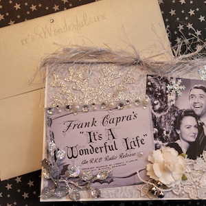 Carte de vœux du film Une vie merveilleuse, carte de vœux film vintage des fêtes, flocon de neige argenté, perles et strass, napperon, rose.