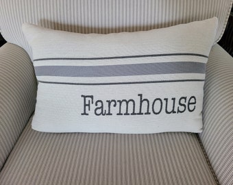 Farmhouse Lumbar Pillow Covers: Gray Stripe, Beige (Set of 2)