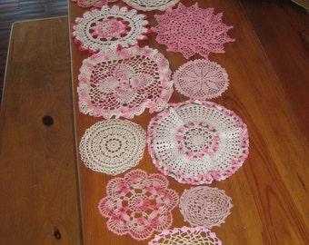 Vintage Crocheted Doily Table Runner: Pink, White, Cream Decor