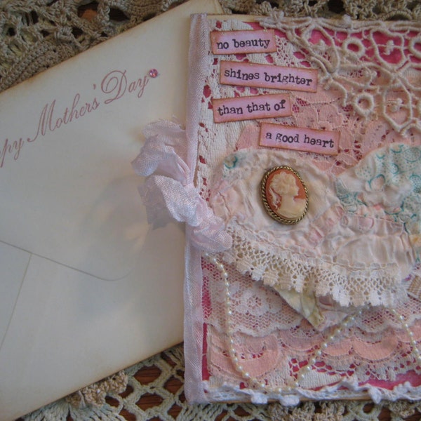 Mother's Day Card, Quilted Fabric Heart, Shabby Chic, Tattered Vintage Linens