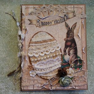 Easter Card with Tattered Vintage Linens Egg and Sweet Bunny, Neutral Color Tones, Shabby Chic image 2
