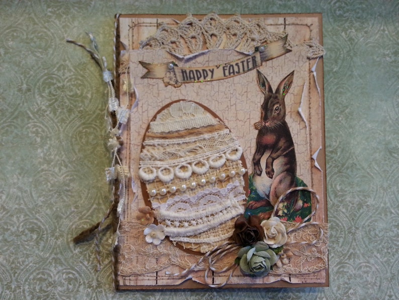 Easter Card with Tattered Vintage Linens Egg and Sweet Bunny, Neutral Color Tones, Shabby Chic image 2