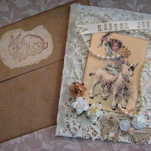 Easter Card, Vintage Lace and Doilies, Child on a Goat, Easter Joy, vintage inspired Easter card