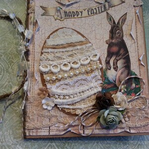 Easter Card with Tattered Vintage Linens Egg and Sweet Bunny, Neutral Color Tones, Shabby Chic image 4