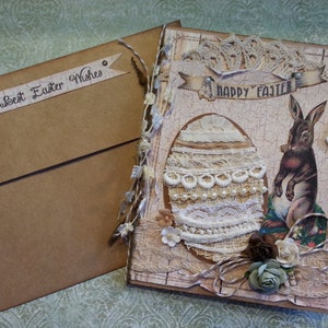 Easter Card with Tattered Vintage Linens Egg and Sweet Bunny, Neutral Color Tones, Shabby Chic image 1