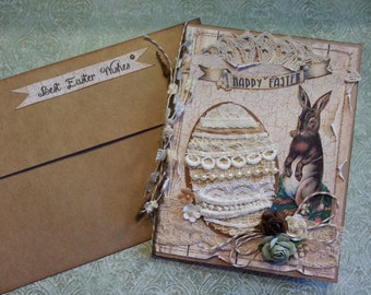 Easter Card with Tattered Vintage Linens Egg and Sweet Bunny, Neutral Color Tones, Shabby Chic