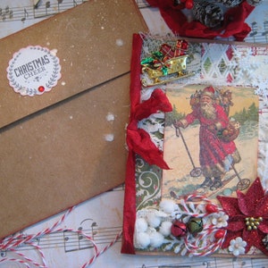 Vintage Skiing Santa Christmas Card with Holiday Pin