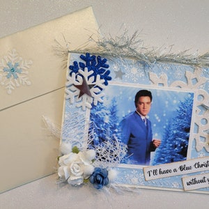 Carte de Noël d'Elvis, J'aurai un Noël bleu sans toi, carte de vœux bleue et blanche, Elvis Presley