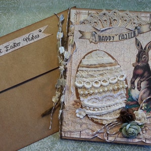 Easter Card with Tattered Vintage Linens Egg and Sweet Bunny, Neutral Color Tones, Shabby Chic image 8