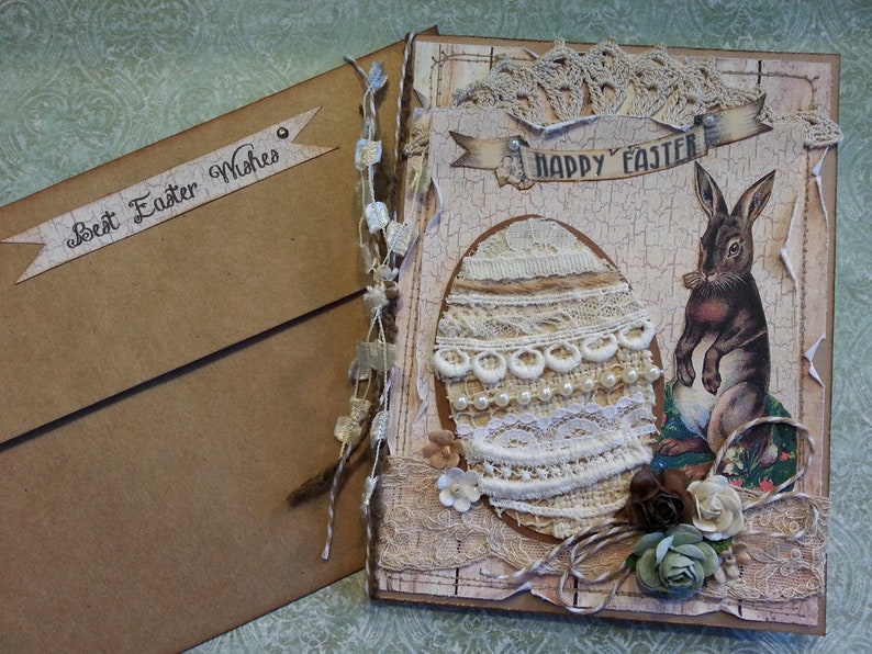 Easter Card with Tattered Vintage Linens Egg and Sweet Bunny, Neutral Color Tones, Shabby Chic image 8