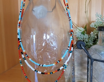 Southwestern Seed Bead Necklace: Turquoise, Red, Yellow