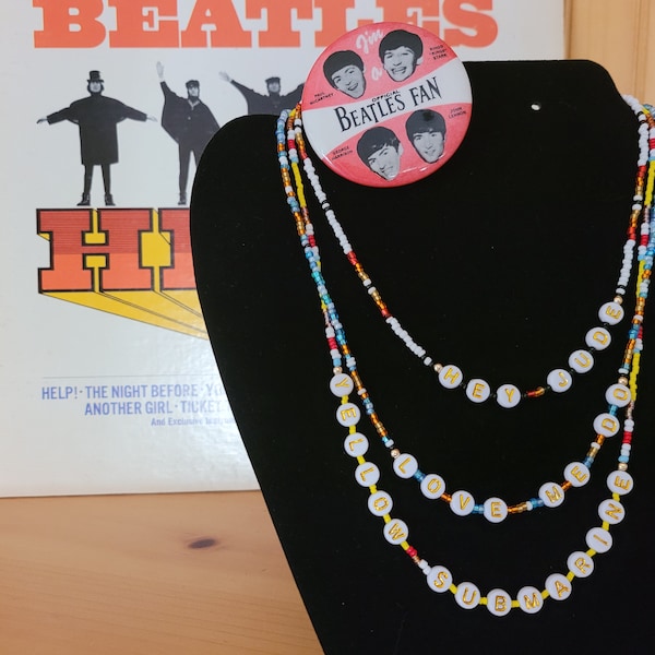 Beatles Song Title Necklaces, Seed Bead Necklace with Song Titles, Gold and White Letters with Colorful Beads, Made to Order