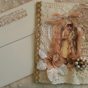 Carte de Noël ange des neiges, napperons et dentelle vintage, amour et paix, carte de Noël d'inspiration vintage