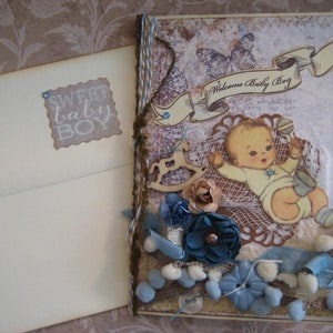 Carte de bienvenue pour bébé garçon, style vintage avec boutons, pompons et cheval à bascule en bois, cadeau baby shower, cadeau naissance