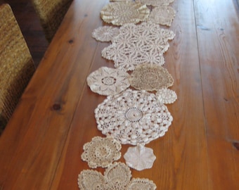 Vintage Crocheted Doily Table Runner, Mixed Shapes, Neutral Colors, Made to Order ,Grandma Core