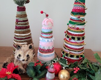 Yarn Wrapped Christmas Tree, Chenille Trim Holiday Decor