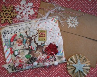 Vintage Santa and Reindeer Holiday Card, Rustic Vintage Style, Santa Caroling with Deer