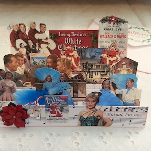 Carte pop-up de film de Noël blanc, carte de vœux pliée en éventail, images de film « Noël blanc », plume, strass, poinsettia