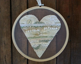 Sage Green and Cream Floating Tattered Heart, Embroidery Hoop Wall Art on Tulle, Wedding, Shower, Farmhouse Decor