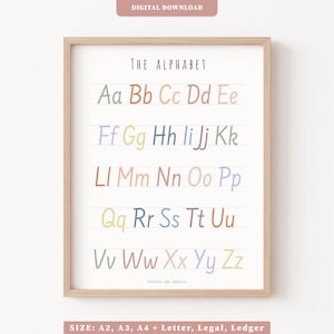 Rainbow ABC Alphabet Poster Printable, Handwriting Chart, Educational Wall Art, Homeschool Decor, Classroom Back to School Art, Download