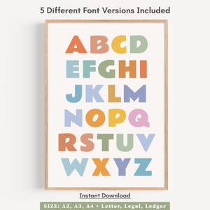 Poster alphabet coloré pour enfants | Art mural imprimable de A à Z | Téléchargement numérique | Impression ABC pour chambre de bébé | Décoration d'apprentissage préscolaire | 5 polices de caractères