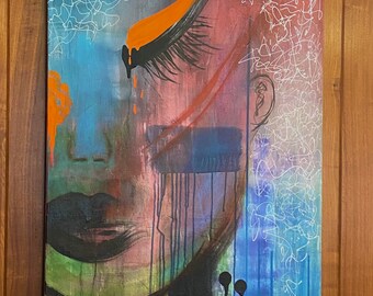 Painted Abstract Woman. Original LARGE CANVAS PAINTING!! Stretched 24x36 Canvas. Blue Green Orange Abstract Art