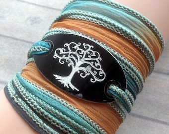 Tree Of Life Silk Wrap Bracelet- beige azul pintado a mano cintas- arrugas silk-oval negro etiqueta-blanco arbre de vie- yoga regalo para las mujeres #227