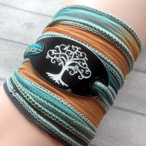 Arbre de vie, Silk Wrap Bracelet, Bracelet ruban, Hippie envelopper le bracelet, la pensée Positive, Ibiza, Message Bracelet, soie, Boho Wrap #227